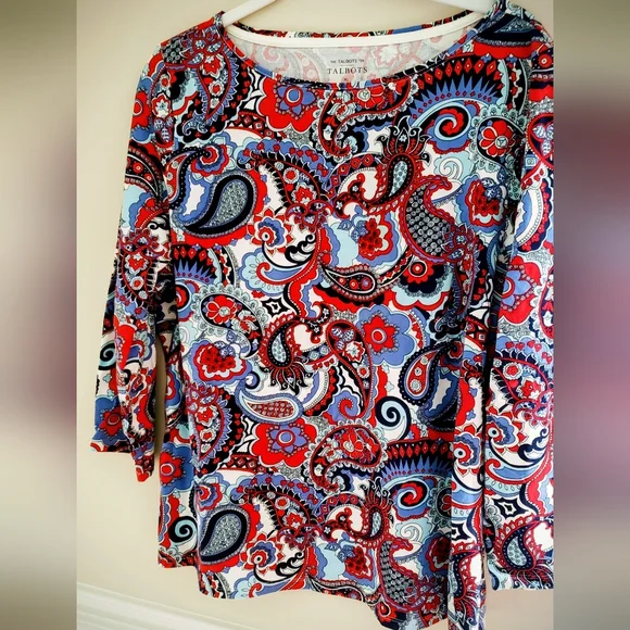 Talbots Women's Long Sleeve Paisley Top - Red, Blue, and Black - Picture 1 of 3